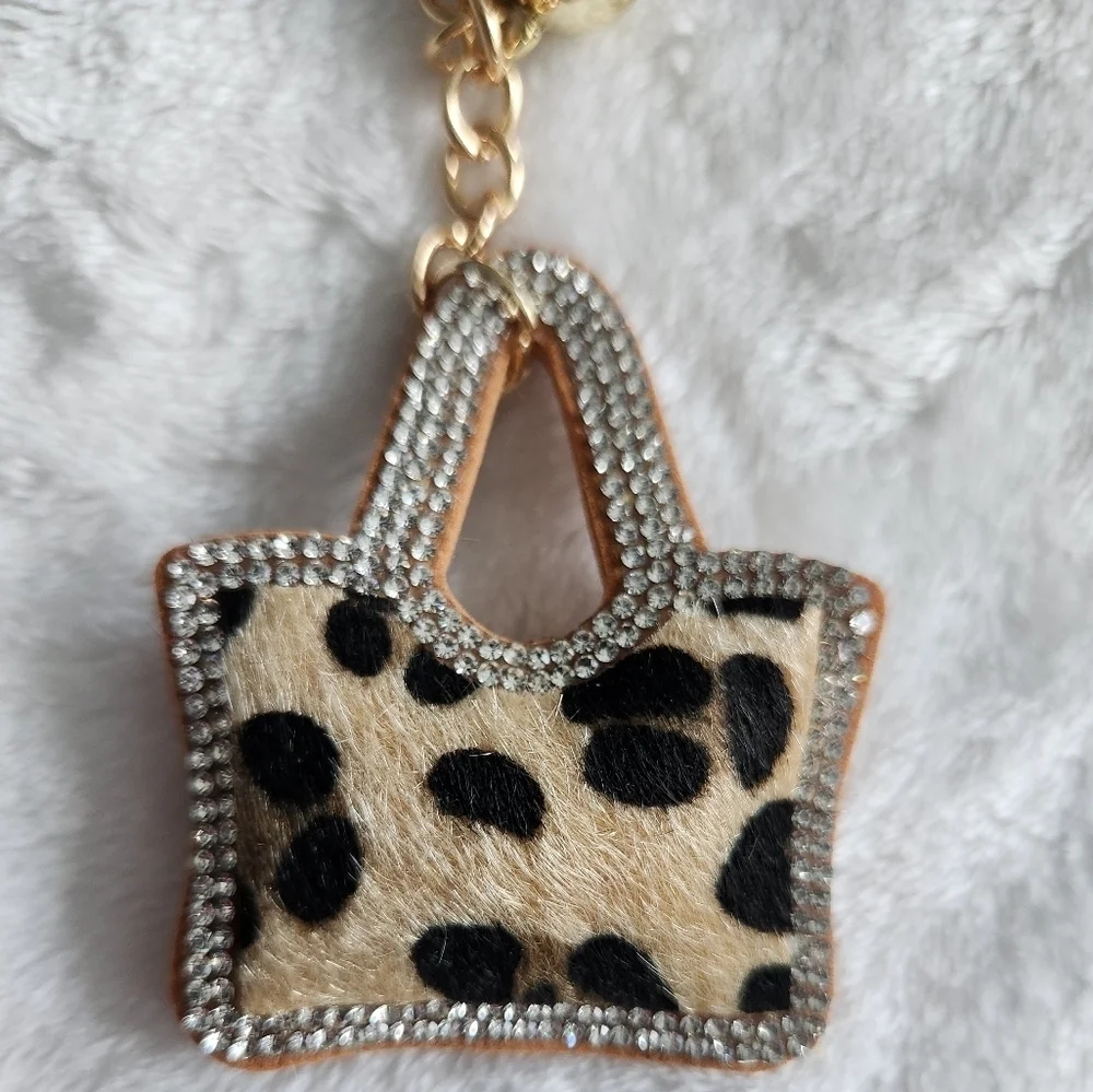 Leopard Print Purse Tote Keychain with Gold Accents